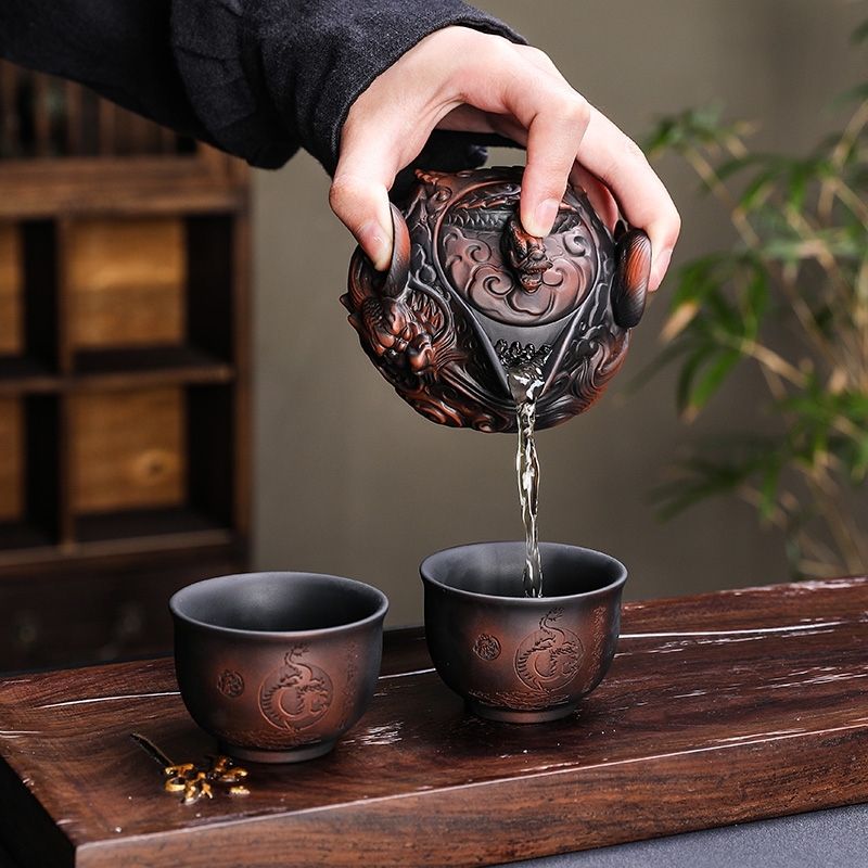 Korean Tea Set - 중국 보라색 도자기 수제 말뚝 조각