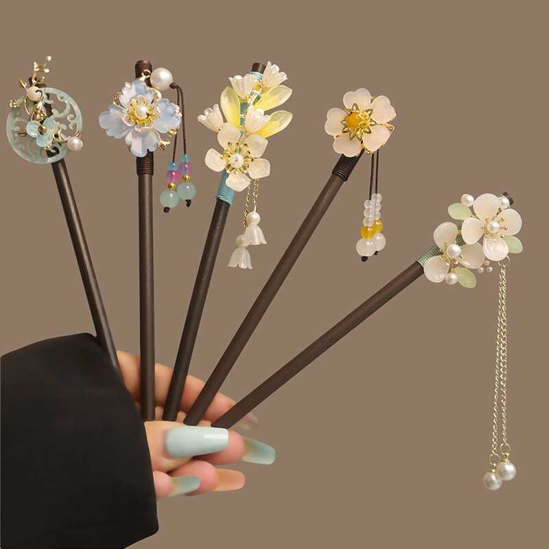 Hanbok Hair Pin - 꽃 Tassel 진주 머리 스틱 나무