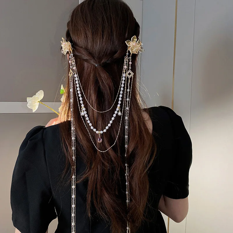 새로운 중국 스타일 라인 석 꽃 헤어 클립 모조 진주  - Hanbok Hair Pin 리뷰 및 가격