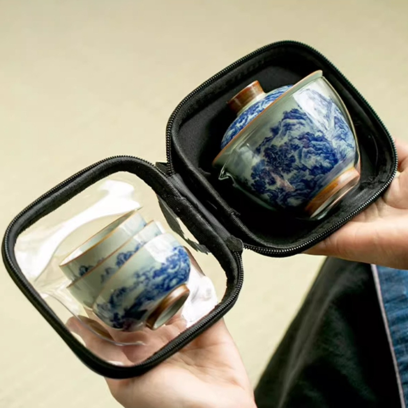 중국 레트로 청화백자 티컵 휴대용 원포트 투컵 쓰리컵  - Korean Tea Set 리뷰 및 가격